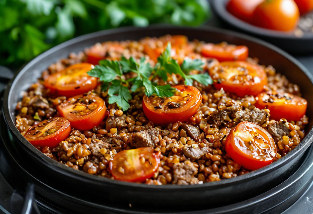 Гречка с мясом и помидорами